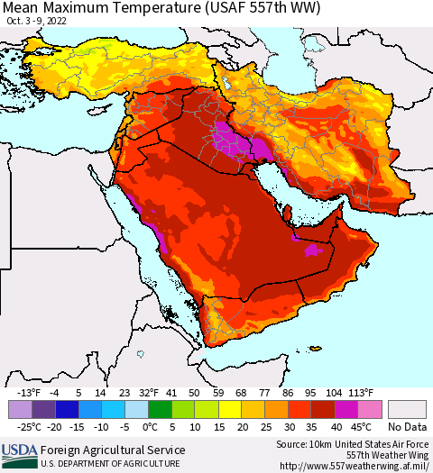 Middle East and Turkey Mean Maximum Temperature (USAF 557th WW) Thematic Map For 10/3/2022 - 10/9/2022