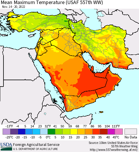 Middle East and Turkey Mean Maximum Temperature (USAF 557th WW) Thematic Map For 11/14/2022 - 11/20/2022