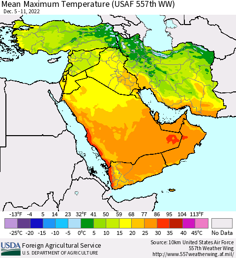Middle East and Turkey Mean Maximum Temperature (USAF 557th WW) Thematic Map For 12/5/2022 - 12/11/2022