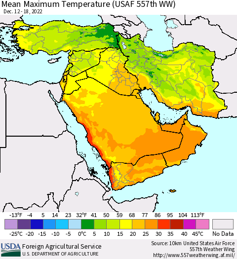 Middle East and Turkey Mean Maximum Temperature (USAF 557th WW) Thematic Map For 12/12/2022 - 12/18/2022