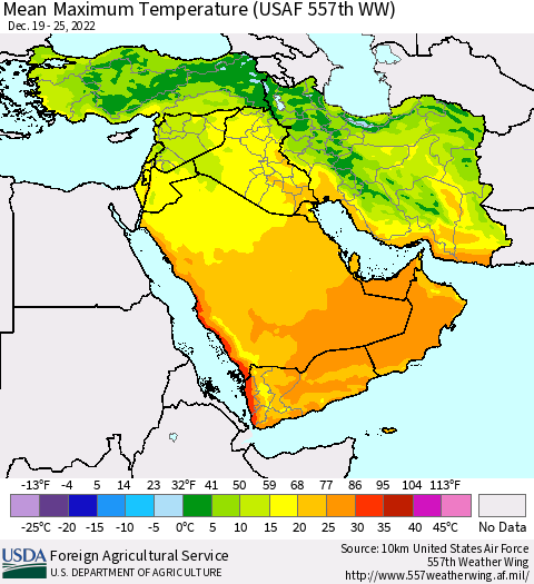 Middle East and Turkey Mean Maximum Temperature (USAF 557th WW) Thematic Map For 12/19/2022 - 12/25/2022