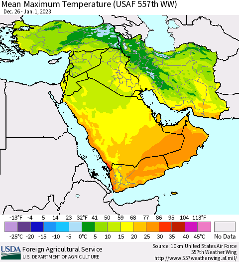 Middle East and Turkey Mean Maximum Temperature (USAF 557th WW) Thematic Map For 12/26/2022 - 1/1/2023