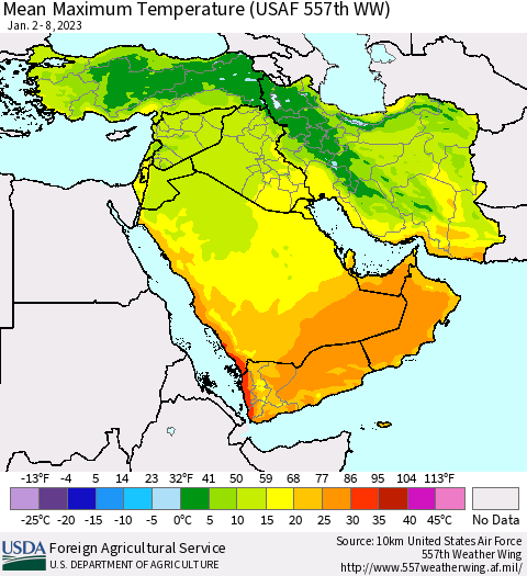 Middle East and Turkey Mean Maximum Temperature (USAF 557th WW) Thematic Map For 1/2/2023 - 1/8/2023