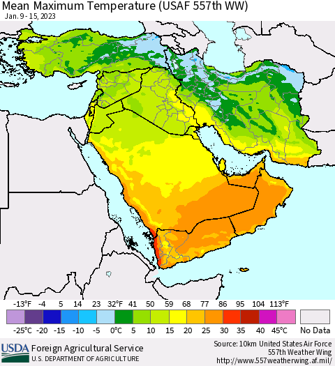 Middle East and Turkey Mean Maximum Temperature (USAF 557th WW) Thematic Map For 1/9/2023 - 1/15/2023