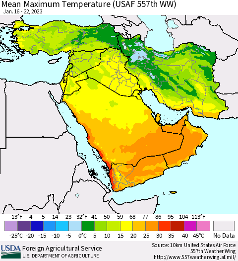 Middle East and Turkey Mean Maximum Temperature (USAF 557th WW) Thematic Map For 1/16/2023 - 1/22/2023