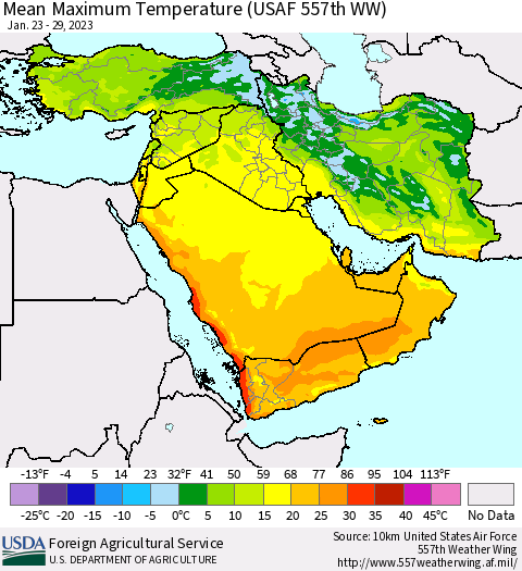 Middle East and Turkey Mean Maximum Temperature (USAF 557th WW) Thematic Map For 1/23/2023 - 1/29/2023