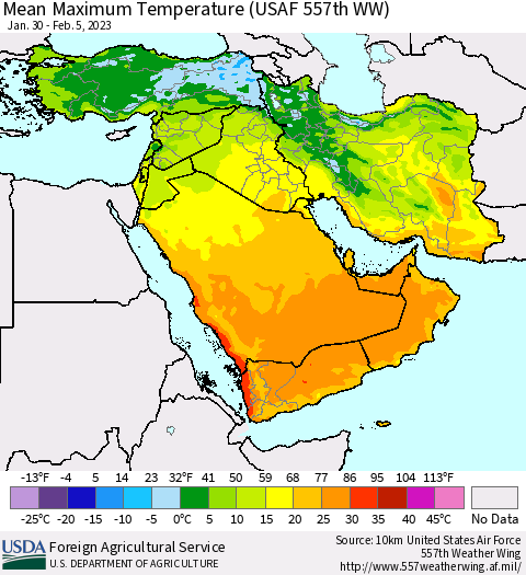 Middle East and Turkey Mean Maximum Temperature (USAF 557th WW) Thematic Map For 1/30/2023 - 2/5/2023