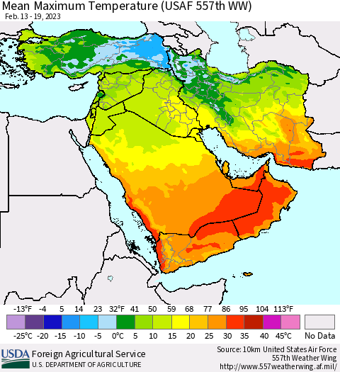 Middle East and Turkey Mean Maximum Temperature (USAF 557th WW) Thematic Map For 2/13/2023 - 2/19/2023