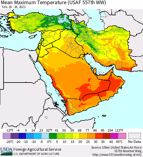 Middle East and Turkey Mean Maximum Temperature (USAF 557th WW) Thematic Map For 2/20/2023 - 2/26/2023
