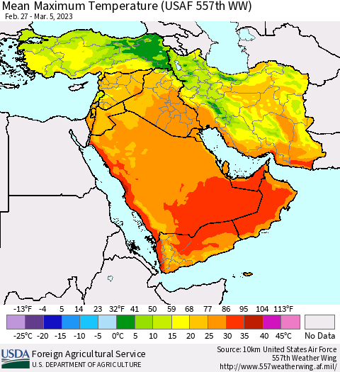 Middle East and Turkey Mean Maximum Temperature (USAF 557th WW) Thematic Map For 2/27/2023 - 3/5/2023