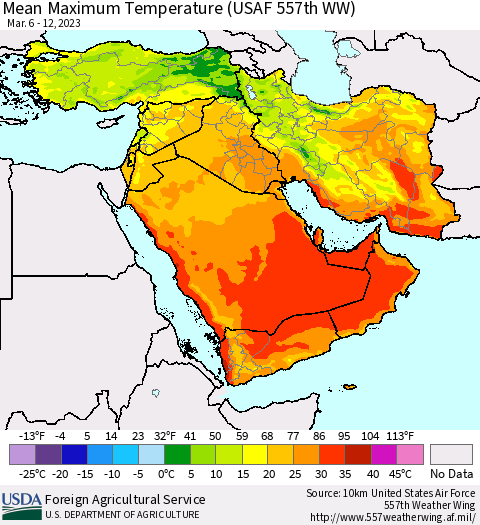 Middle East and Turkey Mean Maximum Temperature (USAF 557th WW) Thematic Map For 3/6/2023 - 3/12/2023