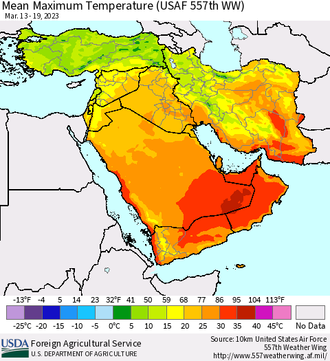 Middle East and Turkey Mean Maximum Temperature (USAF 557th WW) Thematic Map For 3/13/2023 - 3/19/2023