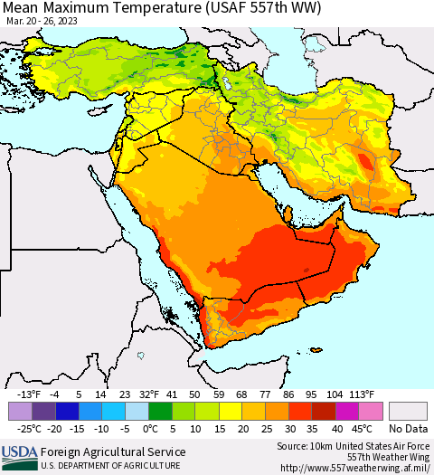 Middle East and Turkey Mean Maximum Temperature (USAF 557th WW) Thematic Map For 3/20/2023 - 3/26/2023