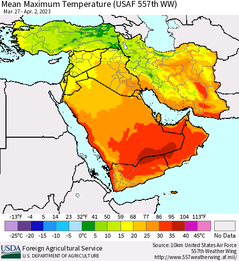 Middle East and Turkey Mean Maximum Temperature (USAF 557th WW) Thematic Map For 3/27/2023 - 4/2/2023