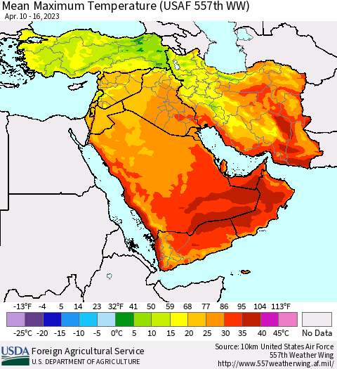 Middle East and Turkey Mean Maximum Temperature (USAF 557th WW) Thematic Map For 4/10/2023 - 4/16/2023