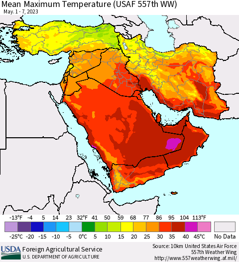 Middle East and Turkey Mean Maximum Temperature (USAF 557th WW) Thematic Map For 5/1/2023 - 5/7/2023