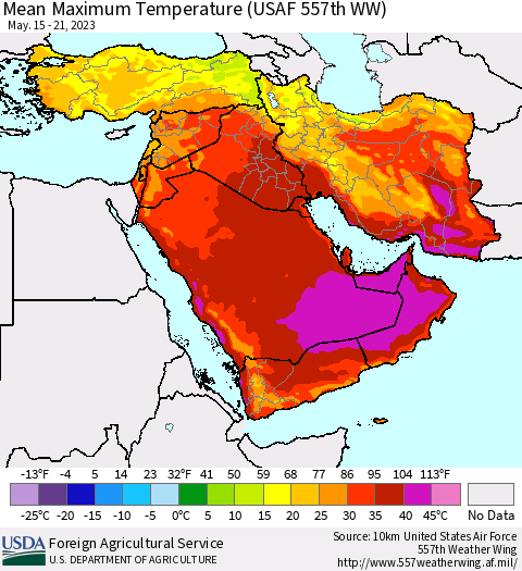 Middle East and Turkey Mean Maximum Temperature (USAF 557th WW) Thematic Map For 5/15/2023 - 5/21/2023