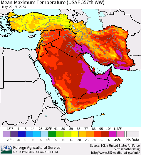 Middle East and Turkey Mean Maximum Temperature (USAF 557th WW) Thematic Map For 5/22/2023 - 5/28/2023