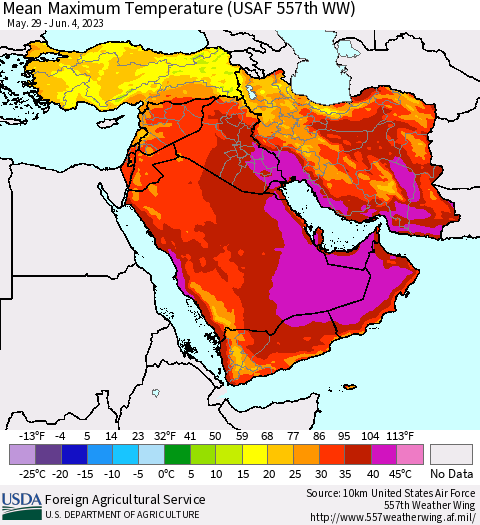 Middle East and Turkey Mean Maximum Temperature (USAF 557th WW) Thematic Map For 5/29/2023 - 6/4/2023