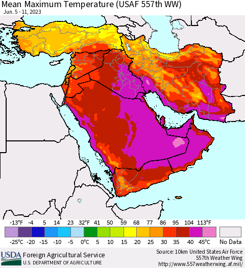 Middle East and Turkey Mean Maximum Temperature (USAF 557th WW) Thematic Map For 6/5/2023 - 6/11/2023