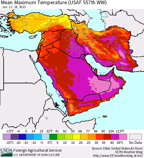 Middle East and Turkey Mean Maximum Temperature (USAF 557th WW) Thematic Map For 6/12/2023 - 6/18/2023