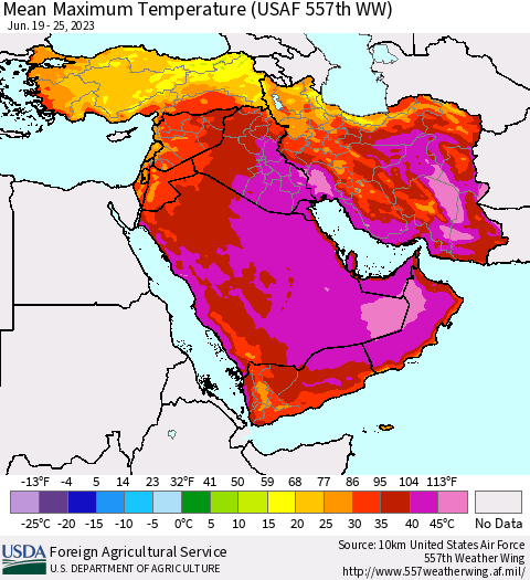Middle East and Turkey Mean Maximum Temperature (USAF 557th WW) Thematic Map For 6/19/2023 - 6/25/2023