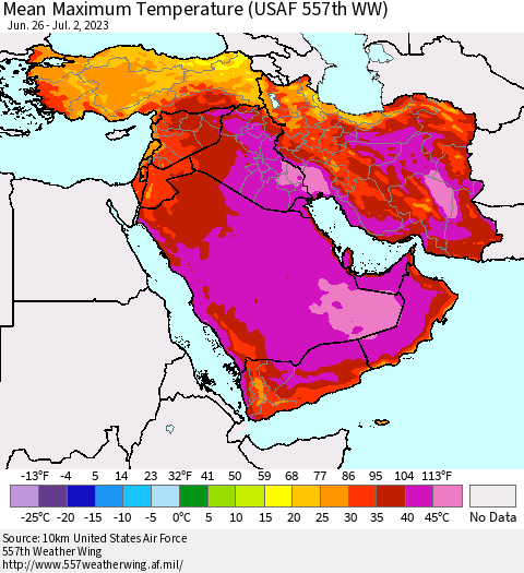 Middle East and Turkey Mean Maximum Temperature (USAF 557th WW) Thematic Map For 6/26/2023 - 7/2/2023