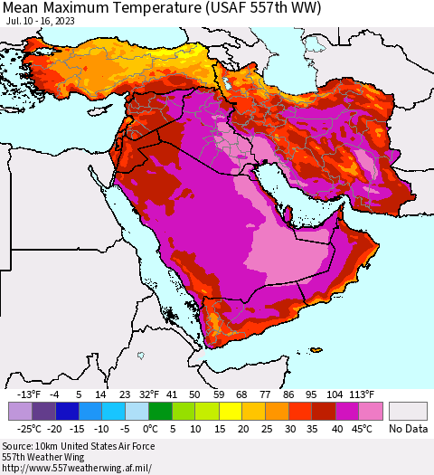 Middle East and Turkey Mean Maximum Temperature (USAF 557th WW) Thematic Map For 7/10/2023 - 7/16/2023
