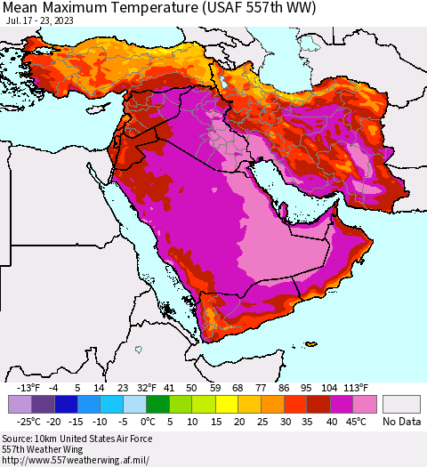 Middle East and Turkey Mean Maximum Temperature (USAF 557th WW) Thematic Map For 7/17/2023 - 7/23/2023