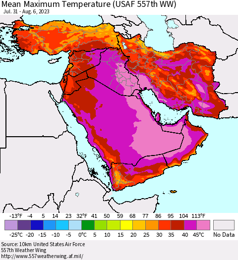 Middle East and Turkey Mean Maximum Temperature (USAF 557th WW) Thematic Map For 7/31/2023 - 8/6/2023
