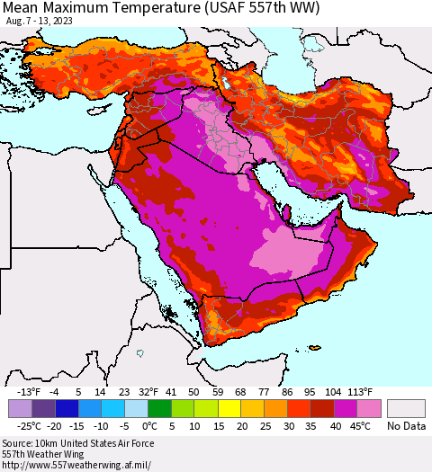 Middle East and Turkey Mean Maximum Temperature (USAF 557th WW) Thematic Map For 8/7/2023 - 8/13/2023
