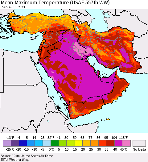 Middle East and Turkey Mean Maximum Temperature (USAF 557th WW) Thematic Map For 9/4/2023 - 9/10/2023