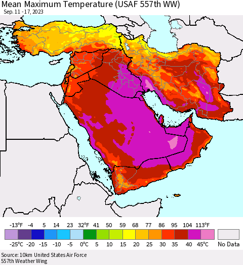 Middle East and Turkey Mean Maximum Temperature (USAF 557th WW) Thematic Map For 9/11/2023 - 9/17/2023