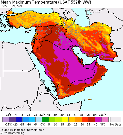 Middle East and Turkey Mean Maximum Temperature (USAF 557th WW) Thematic Map For 9/18/2023 - 9/24/2023