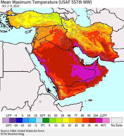 Middle East and Turkey Mean Maximum Temperature (USAF 557th WW) Thematic Map For 10/2/2023 - 10/8/2023
