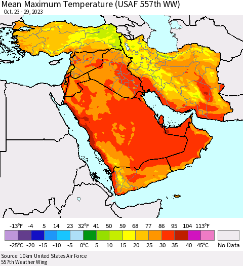 Middle East and Turkey Mean Maximum Temperature (USAF 557th WW) Thematic Map For 10/23/2023 - 10/29/2023