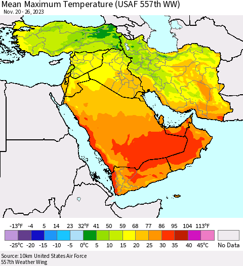 Middle East and Turkey Mean Maximum Temperature (USAF 557th WW) Thematic Map For 11/20/2023 - 11/26/2023