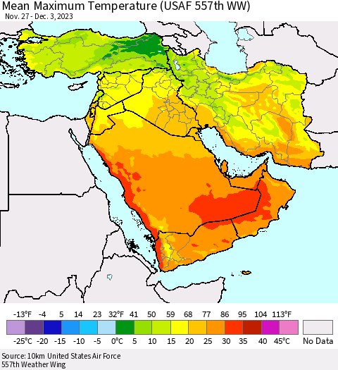 Middle East and Turkey Mean Maximum Temperature (USAF 557th WW) Thematic Map For 11/27/2023 - 12/3/2023