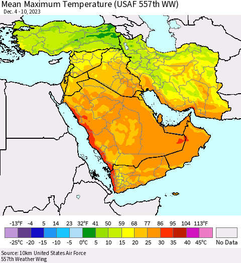 Middle East and Turkey Mean Maximum Temperature (USAF 557th WW) Thematic Map For 12/4/2023 - 12/10/2023
