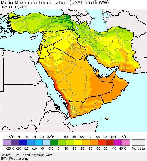 Middle East and Turkey Mean Maximum Temperature (USAF 557th WW) Thematic Map For 12/11/2023 - 12/17/2023