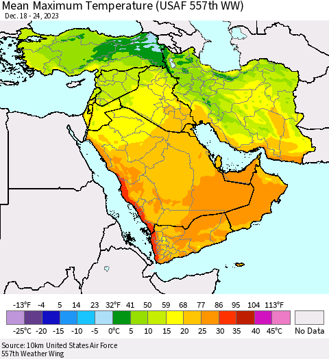 Middle East and Turkey Mean Maximum Temperature (USAF 557th WW) Thematic Map For 12/18/2023 - 12/24/2023