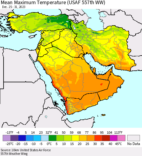 Middle East and Turkey Mean Maximum Temperature (USAF 557th WW) Thematic Map For 12/25/2023 - 12/31/2023