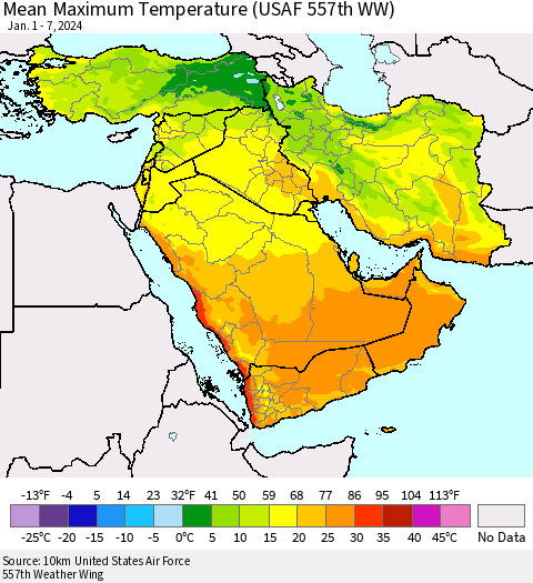 Middle East and Turkey Mean Maximum Temperature (USAF 557th WW) Thematic Map For 1/1/2024 - 1/7/2024