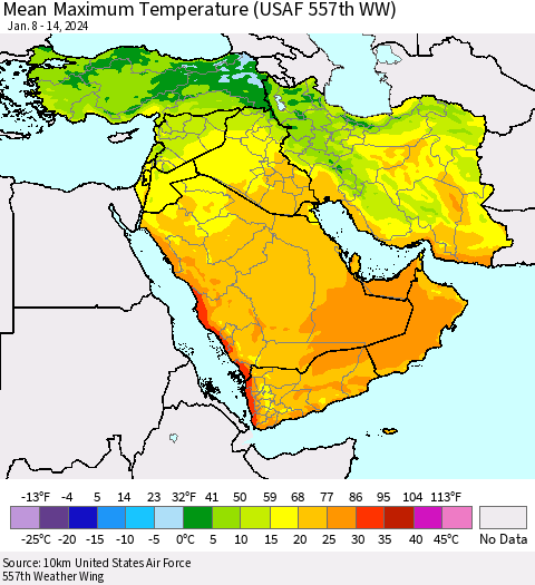 Middle East and Turkey Mean Maximum Temperature (USAF 557th WW) Thematic Map For 1/8/2024 - 1/14/2024