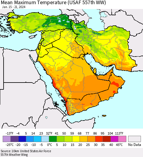 Middle East and Turkey Mean Maximum Temperature (USAF 557th WW) Thematic Map For 1/15/2024 - 1/21/2024