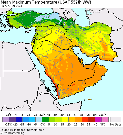 Middle East and Turkey Mean Maximum Temperature (USAF 557th WW) Thematic Map For 1/22/2024 - 1/28/2024