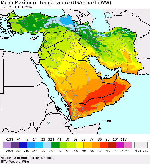 Middle East and Turkey Mean Maximum Temperature (USAF 557th WW) Thematic Map For 1/29/2024 - 2/4/2024