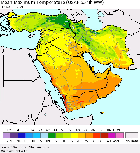 Middle East and Turkey Mean Maximum Temperature (USAF 557th WW) Thematic Map For 2/5/2024 - 2/11/2024