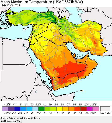 Middle East and Turkey Mean Maximum Temperature (USAF 557th WW) Thematic Map For 2/12/2024 - 2/18/2024