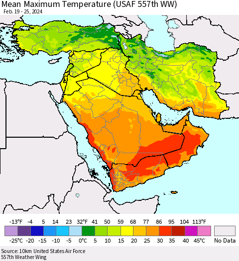Middle East and Turkey Mean Maximum Temperature (USAF 557th WW) Thematic Map For 2/19/2024 - 2/25/2024